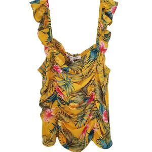 Rose and Olive Goldenrod Yellow Tropical Print Ruched Tank Size S